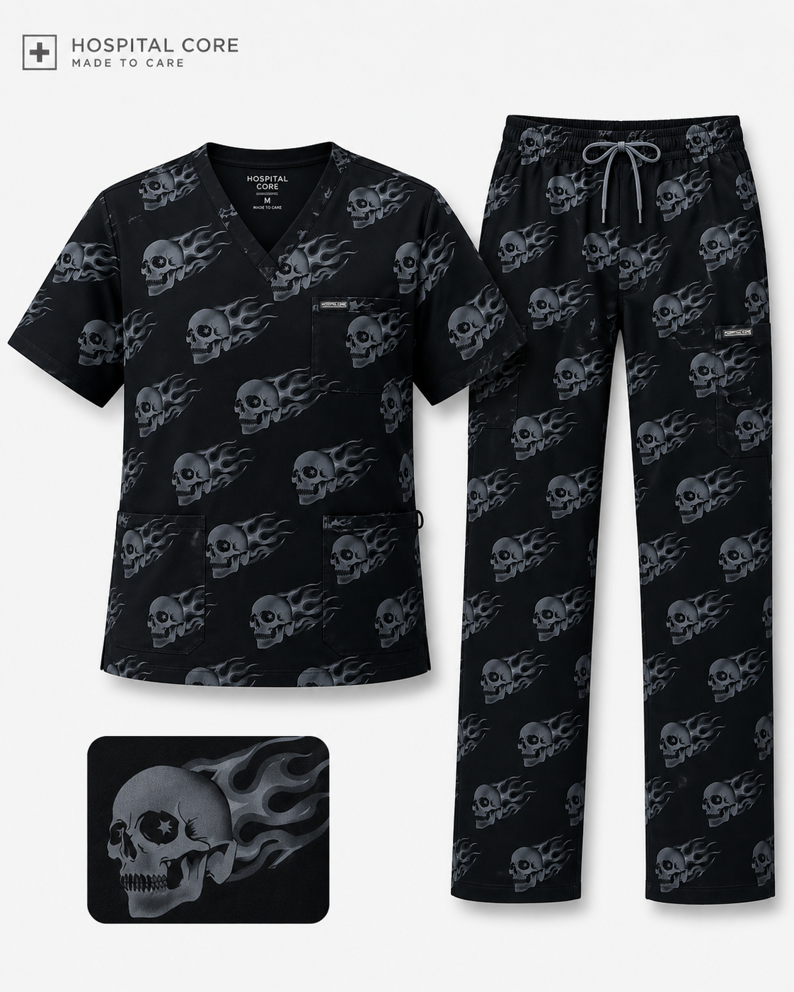 Hospital Core Flaming Skull Scrub Set