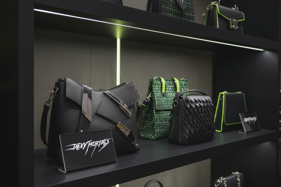 Purses on shelves